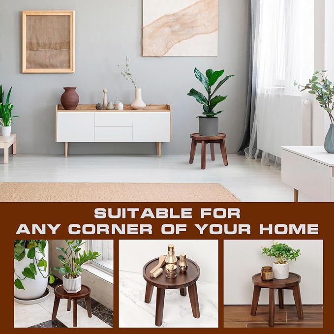 Demigo Indoor Plant Stand, Acacia Wooden Decorative Plant Shelf with Spill-Proof Tray, Stable 8” Tall Flower Holder for Heavy Pots, Gardening Display for Decor Living Room Patio - Dark Brown