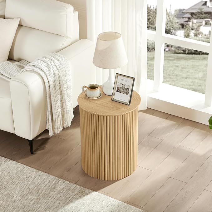 AVZEAR Small Round Side Table Fluted Night Stand Set of 2, Modern Boho End Table with Storage, 17.7" Circle Bedside Tables Wood Nightstands for Small Spaces, Living Room, Bedroom (Natural)