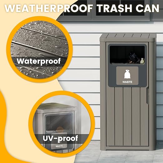 Outdoor Trash Can, Waterproof Resin Garbage Can Indoor and Outdoor Use, Durable & Weather-Resistant Commercial Garbage Can, Outside Trash Bin for Patio, Kitchen