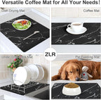 ZLR Coffee Bar Mat for Keurig & Nespresso, 12"x16" Small, Marble Black | Absorbent Dish Drying Mat, Stain-Hiding PU Leather Top, Non-Slip Rubber Back, Heat-Resistant, Fits Frother & Pour-Over