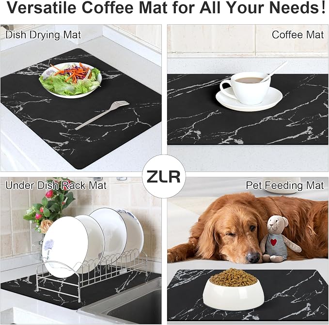 ZLR Coffee Bar Mat for Coffee Station, 16"x20" Large, Marble Black | Absorbent Dish Drying Mat, Stain-Hiding Top, Non-Slip Back, Fits Espresso, Grinder, Knock Box, Frother & Cup Display