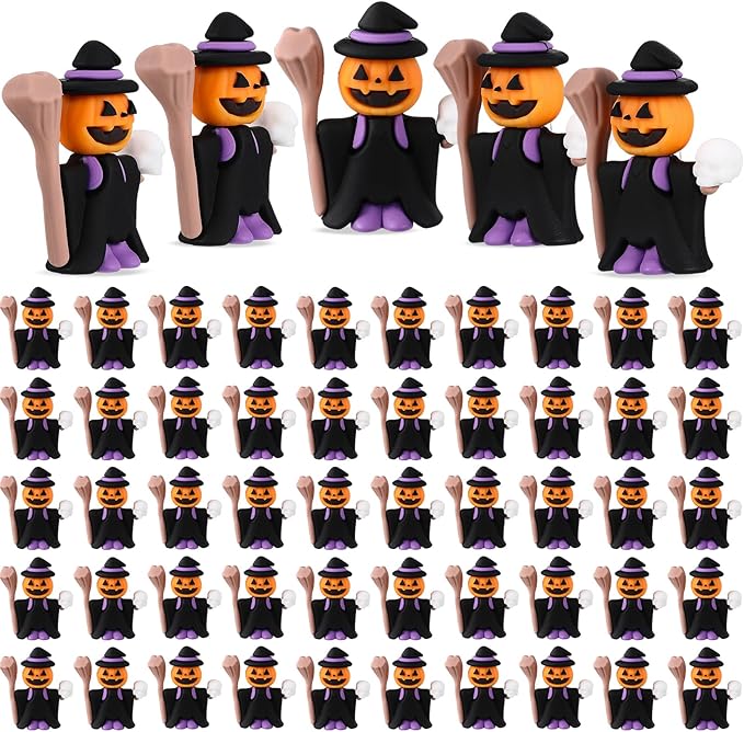 50 Pcs Halloween Mini Figurines Tiny Pumpkin Figures to Hide and Seek Rubber Wizard Miniatures Ornaments Gifts for Halloween Party Favors Table Decorations(Wizard)