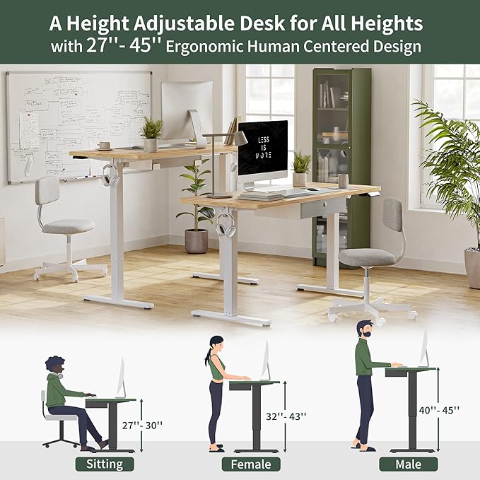 FEZIBO 55 x 24 Inches Standing Desk with Drawer, Adjustable Height Electric Stand up Desk with Storage, Sit Stand Home Office Desk, Ergonomic Computer Desk, Light Rustic