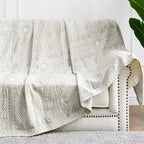 JINCHAN Boho 100% Cotton Muslin Blanket 3-Layer Queen Size 80x90 Inches Geometric Light Grey Lightweight Reversible Soft Comfy Throw for Couch Sofa Bed Coverlet Quilt Large Blanket Bedroom All Seasons
