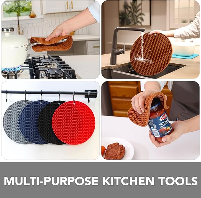Joyhalo Trivets for Hot Dishes - Hot Pads for Kitchen, Silicone Pot Holders for Hot Pots and Pans, Silicone Mats for Kitchen Countertops, Table, Flexible Easy to Wash and Dry, Brown