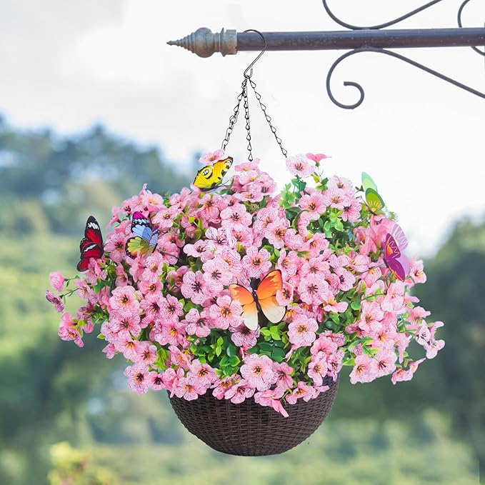 ‌20 Bundles Artificial Flowers for Outdoors‌ with 6 Faux Butterflies, UV Resistant ‌Fake Flowers‌ with Eucalyptus Leaves, ‌Artificial Plants Outdoor‌ for Patio Garden Porch Home Decor (Pink)