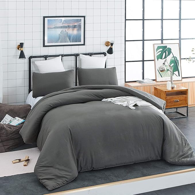 Deep Grey Comforter Set Queen Dark Gray Bedding Set Teens Adult Solid Gray Color Bedding Set 3 Pieces with 2 Pillowcases Women Lightweight Durable Full Blanket Quilts Set Gray Bed Comforter