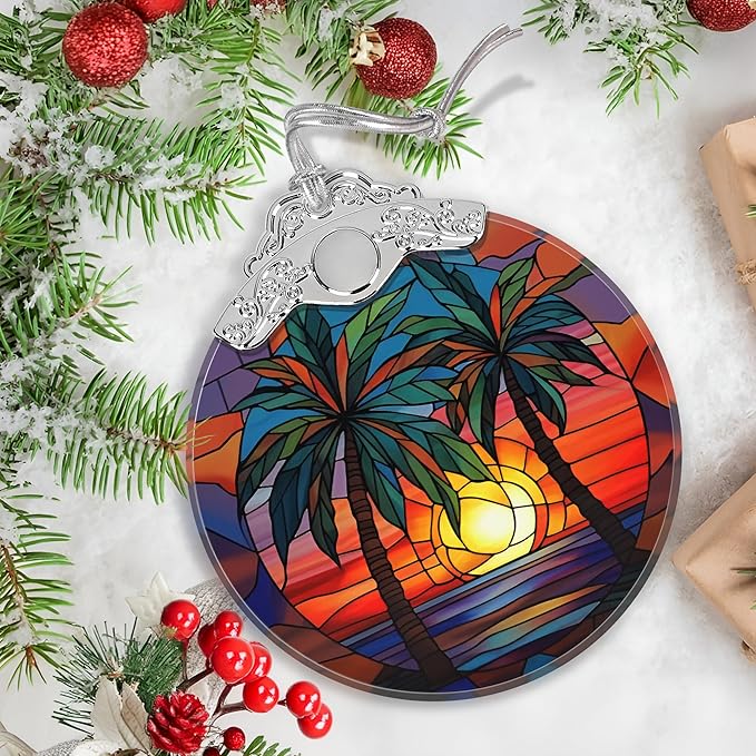 Stained Glass Retro Beach Christmas Ornament - Holiday Home Decor - Tree Decoration - Gift Exchange Present Ideas