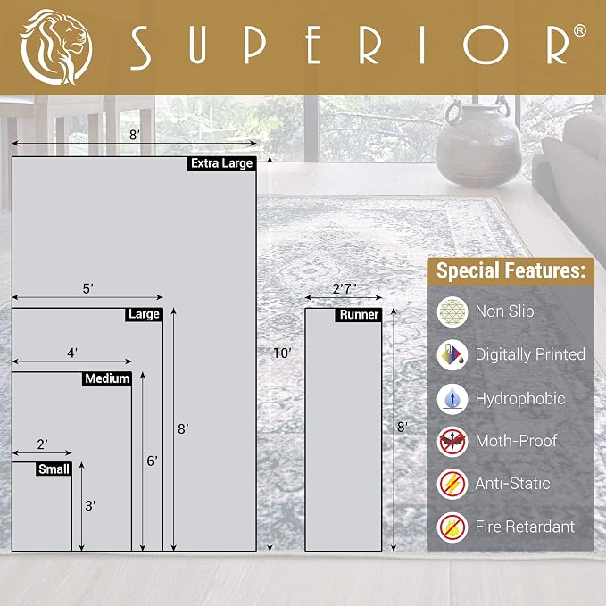 SUPERIOR Indoor Large Area Rug, Washable Rugs for Bedroom. Living Space, Dining Room, Kitchen, Office, Entryway, Plush Throw, Modern Oriental Decor, Non-Slip Back, Eldwin Collection, 6' x 9', Grey