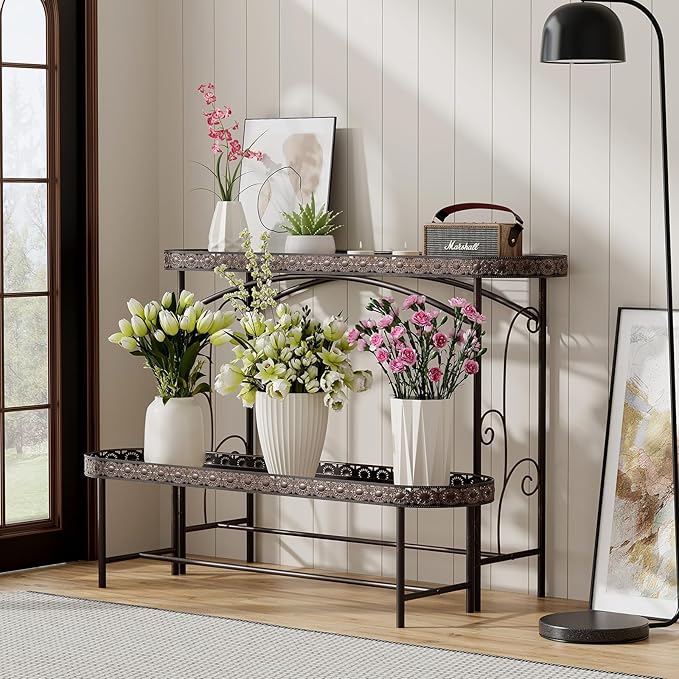 Plant Stand Outdoor Indoor 2 Tier Metal Pland Stand, Detachable Heavy Duty Tall Plant Shelf Rack Flower Pot Holder for Patio Garden Balcony Living Room, Distressed Vintage Black