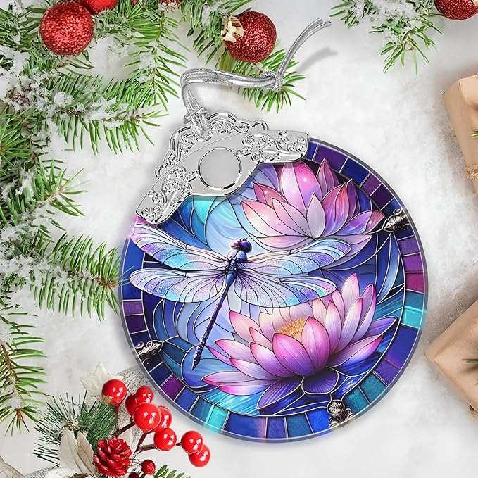 Stained Glass Dragonfly on Lotus Flower Ornament - Christmas Tree Decor Idea