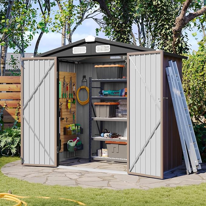 Aoxun 6x3.9 FT Shed Metal Outdoor Storage Shed Garden Shed with Lockable Doors Tool Shed Bike Shed for Backyard, Patio, Poolside (Brown)
