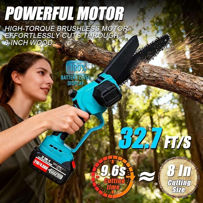 2-In-1 Electric Pole Saws for Tree Trimming, 8 Inch Mini Chainsaw with Extension Pole and 2×4.0Ah Battery Powered, Brushless Motor, Max 16FT Cordless Pole Saw, Tree Trimmer Limb Branch Cutter Pruner