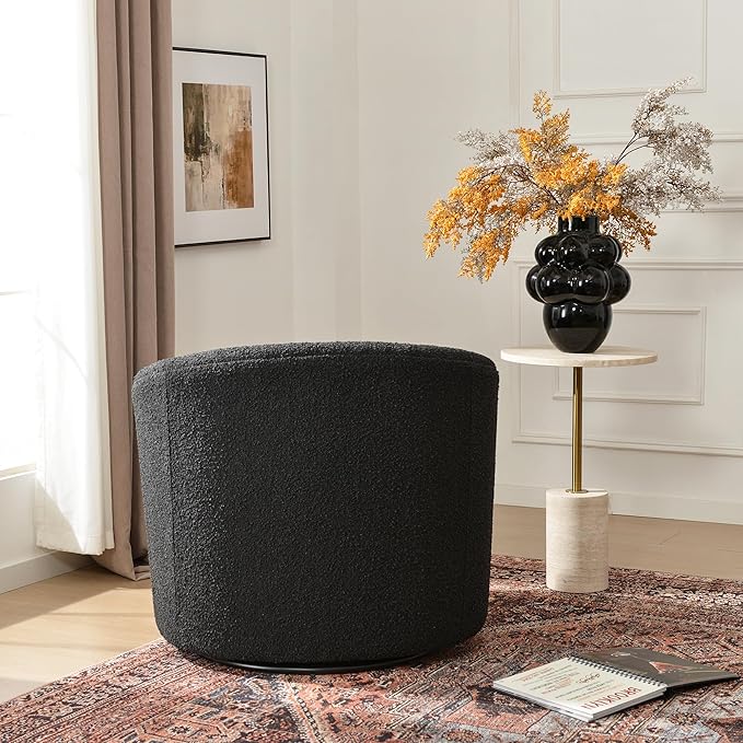 KINWELL 34" W Mid Century Modern Swivel Barrel Chair, Round Upholstered Boucle Swivel Accent Chairs, No Assembly Sofa Chair for Living Room Bedroom Reading Apartment Lounge Nursery(Black)
