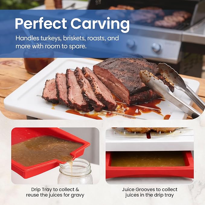 Karving King Plus Large Cutting Board - Juice Groove, Spikes & Drip Tray