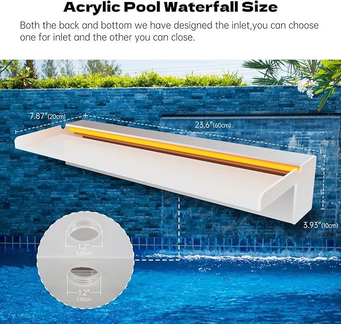 Pond Waterfall Spillway, APP Control Multi-Color LED Light Outdoor Pool Fountain, Acrylic Water Spillway Koi Fountains Kit for Garden Patio Swimming Pool Decoration - 23.6"x7.8"x3.9"