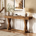 Solid Wood Console Table, 63-Inch Farmhouse Entryway Table with X-Shaped Legs, Real Wood Behind The Couch Table for Living Room, Entrance, Hallway, Easy Assembly
