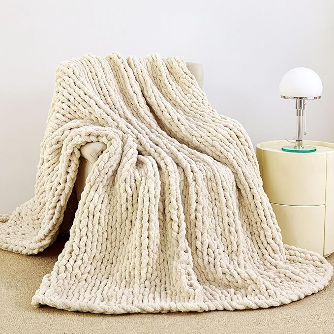 Admitrack Chunky Knit Blanket Throw 51"x63", 100% Hand Knit Chenille Throw Blanket for Sofa & Home Decor, Soft and Cozy Knitted Throw Blankets (Ivory，51"x63")