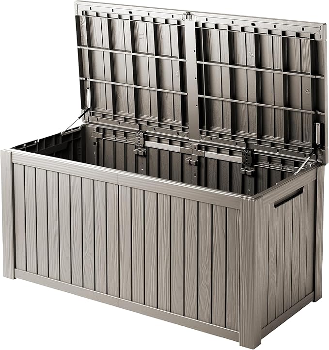 150 Gallon Waterproof Large Resin Deck Box Indoor/Outdoor Lockable Storage Container and Seating for Garden, Pool, and Patio (150 Gallon, Grey)