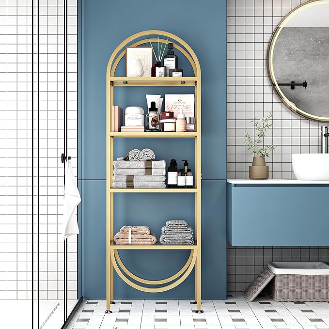Freestanding Gold Bookshelves with Glass Shelves Storage, Modern Gold Bookcase with 4 Tier Glass Shelves, Gold Storage Organizer for Office, Living Room