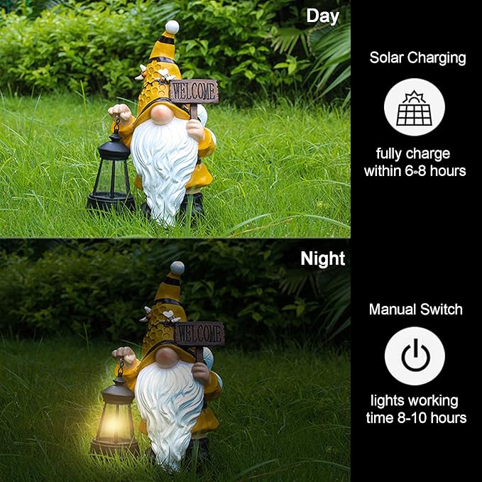 Gnome Garden Statues with Solar Lights Outdoor Gnomes Sculpture Yard Patio Decor for Lawn Ornaments Gardening Gifts（Bee Gnome
