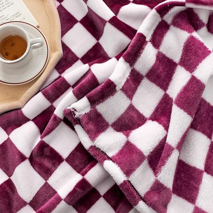 LOMAO Throw Blankets Flannel Blanket with Checkerboard Grid Pattern Soft Throw Blanket for Couch, Bed, Sofa Luxurious Warm and Cozy for All Seasons (Burgundy, 50"x60")