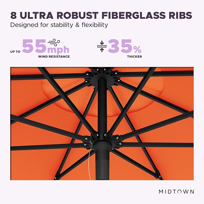 Midtown Umbrellas Push and Pop 9 Feet Outdoor Umbrella, Bright Orange Polyester Fabric - Fiberglass Ribs Deck Patio Umbrella, Backyard Umbrella, Garden Umbrella & Pool Umbrella - Black Pole