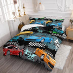 Axolotl Car Comforter Set Queen Size,Cool Speed Race Car Comforter for Kids Boys Girls Teens Bedroom,Extreme Sport Quilt Duvet 1 Comforter 2 Pillowcase Car Racing Gifts,Blue Red Orange