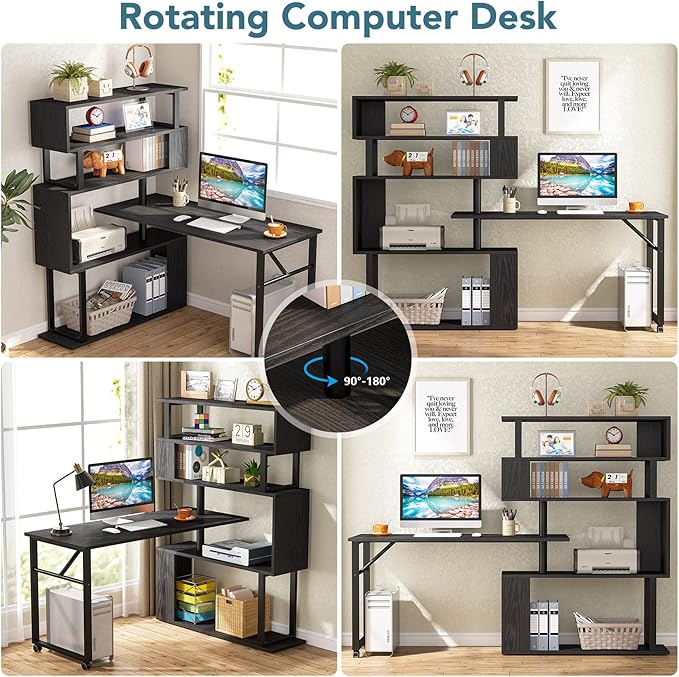 Rotating Computer Desk L-Shaped Office Desk with 5 Shelves Bookcase, Reversible Writing Desk Study Table with Wheels for Home Office, Black