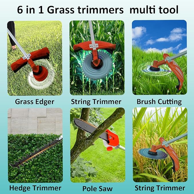 52cc Gas Weed Wacke, 6 in 1 Weed Eater 2-Stroke Gas String Trimmer Brush Cutter Gas Grass Trimmer Lawn Mower Grass Cutter