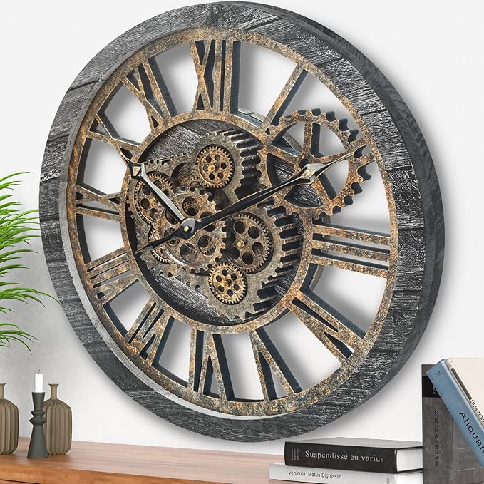 HOIBAI Wall Clock, 24 Inch Moving Gears Clock Large Wall Clock for Living Room Decor Rustic Vintage Industrial Steampunk Farmhouse Big Clock for Home Kitchen Bedroom Office