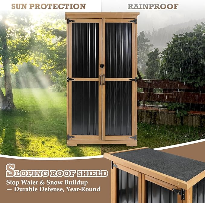 Outdoor Storage Cabinet Waterproof with Shelves, Small Storage Shed, Vertical Tall Patio Backyard Garden Storage Cabinet Tool Organizer for Outside