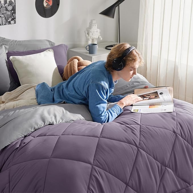 Bedsure Grayish Purple Twin Comforter Set - 5 Pieces Reversible Twin Bed in a Bag, Extra Long Twin Bed Set Grayish Purple and Grey with Comforters, Sheets, Pillowcase & Sham