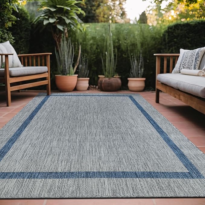 Bordered Outdoor Rug 8x10 Washable Outside Carpet for Indoor Patio Porch Waterproof Easy Cleaning Non Shedding Area Rugs Silver Gray - Blue 8 x 10