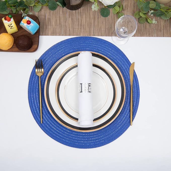 SHACOS Round Placemats Set of 6 Washable 15 inch Round Table Mats Cotton Polyester Woven Braided Place Mats for Dining Table (Blue, 6)