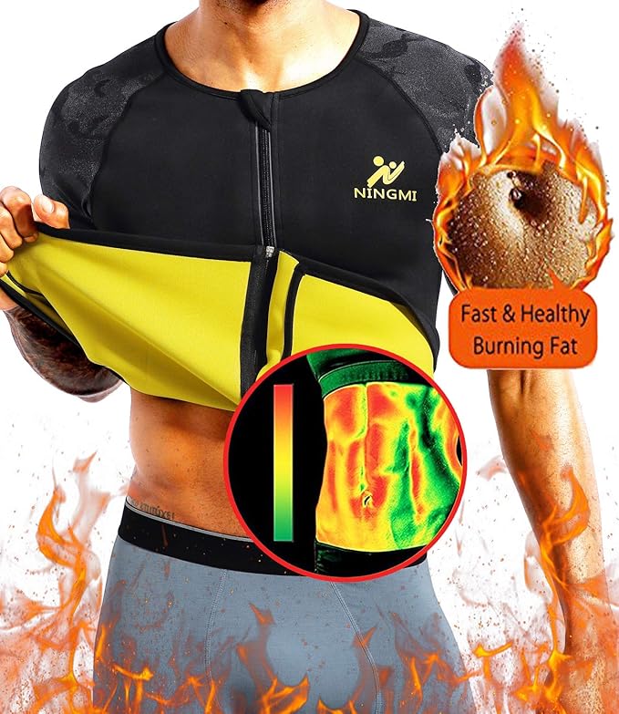 NINGMI Sauna Suit for Men Hot Sweat Suit Sauna Shirt Sweat Body Shaper Workout Neoprene Suit Zipper Short Sleeve