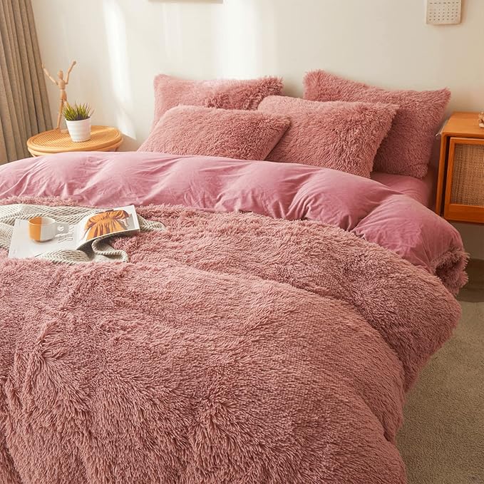 Old Pink Plush Fluffy Comforter Cover Set Queen - Ultra Soft Faux Fur Old Pink Bedding Sets 3 Pieces (1 Fuzzy Duvet Cover + 2 Pillow case) Shaggy Bed Set (Old Pink, Queen)