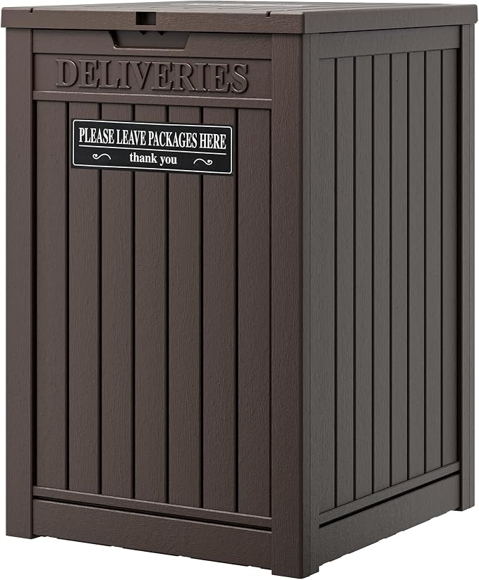 Package Delivery Box for Outside with Sticker, 48 Gallon Storage with Lockable Secure, Large Double Wall Resin Outdoor Package Delivery Waterproof Deck