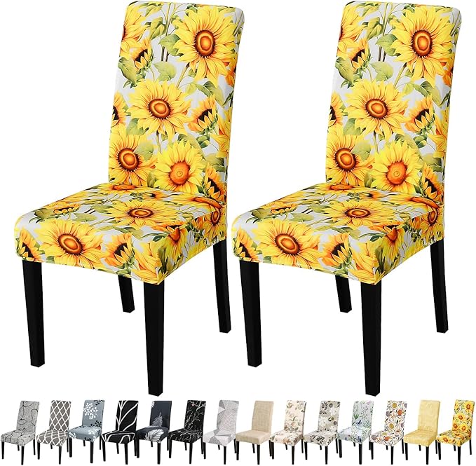JQinHome Pattern Chair Covers for Dining Room Set of 2, High Stretch Removable Washable Parsons Chair Slipcover for Home Party Hotel Wedding Ceremony (Sunflower,2PCS)