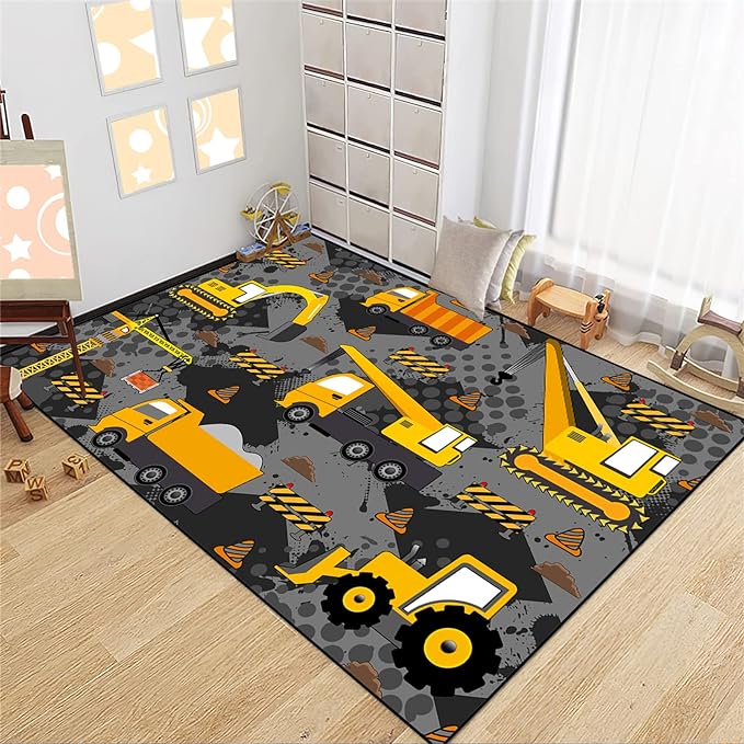 Construction Rugs for Boys Room Play Rug for Cars and Trucks Car Rug Play Mat Kids Rugs for Playroom Car Rug for Boys Room Construction Decor for Boys Room,Grey 4'×5'