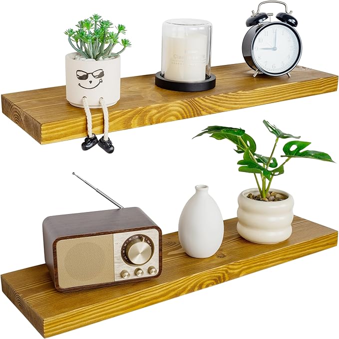BGMG Wood Floating Shelves for Wall 30 inch Set of 2, Rustic Wooden Wall Mount Shelves for Living Room Bedroom Kitchen Farmhouse 2-30x6.7x1.25 inch- Gold Oak