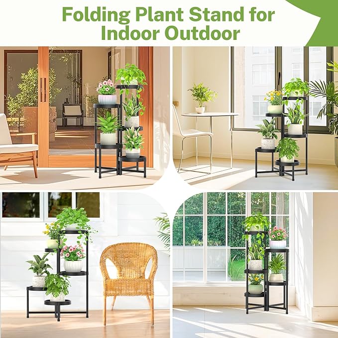 iDavosic.ly 5 Tier Folding Plant Stand Indoor Outdoor with Plastic Tray, Tiered Corner Flower Holder Shelf, Metal Orchid Display Rack for Patio Porch Living Room Garden Balcony, Modern Black