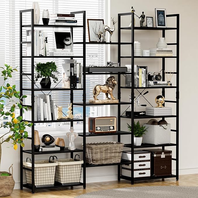 NUMENN Triple Wide 6 Tier Bookshelf, Rustic Industrial Style Bookcases and Bookshelves with 17 Open Display Shelves, Modern Tall Bookcase Furniture for Bedroom, Living Room and Home Office, Black