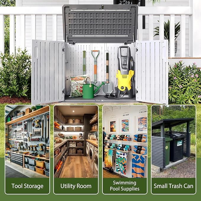 Aoxun Outdoor Storage Cabinet 35 Cu.Ft Outdoor Trash Can Storage Shed Waterproof Horizontal Storage Shed Outdoor Storage for Garbage Bin, Generator, and Lawn Mower (White)