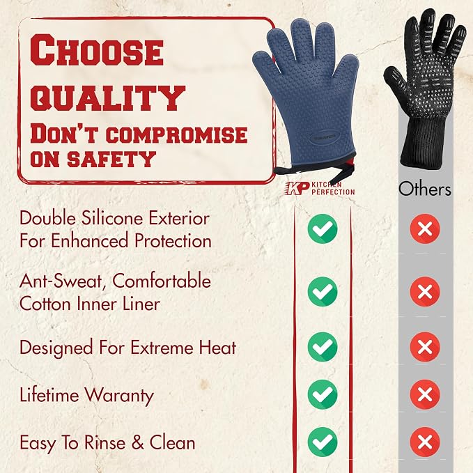 KITCHEN PERFECTION XL Silicone Griddle Gloves - Heat Resistant Oven Mitts | Waterproof, 5-Finger Design For A Better Grip, Best Griddle Grilling Accessories, Compatible with Blackstone, Weber & More