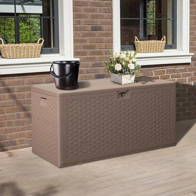 TARKARI Premium Pro Edition 73 Gallon Lockable Resin Deck Box, Waterproof & UV-Resistant Outdoor Storage Box for Outdoor Cushion Storage, Garden Tools & Pool Accessories Storage, Brown