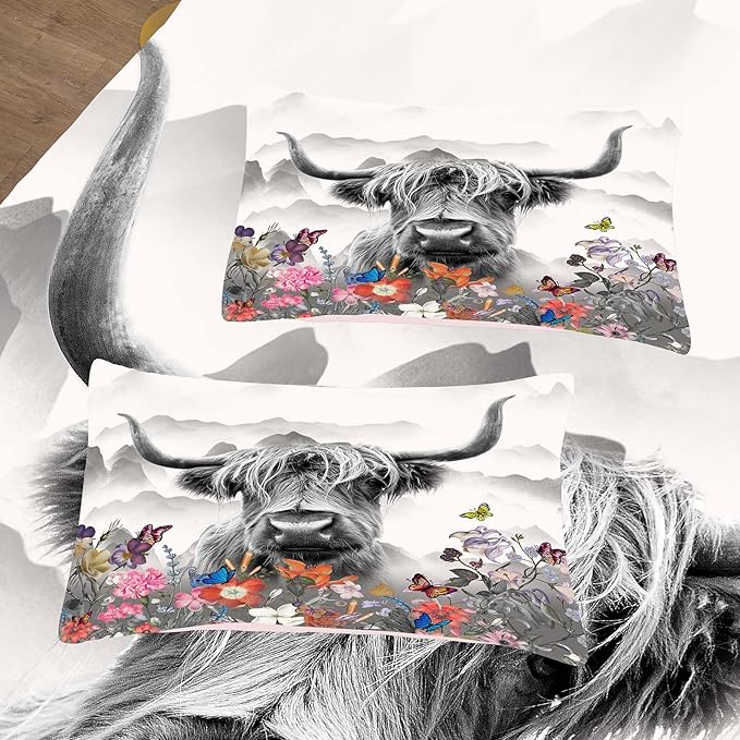 Tailor Shop Highland Cow Comforter Sets King Size,Highland Cow Bedding for Teens Kids Man,Cattle Western Bedding Wildlife Farmhouse Bull Mountain Flower Comforter with 2 Pillowcase