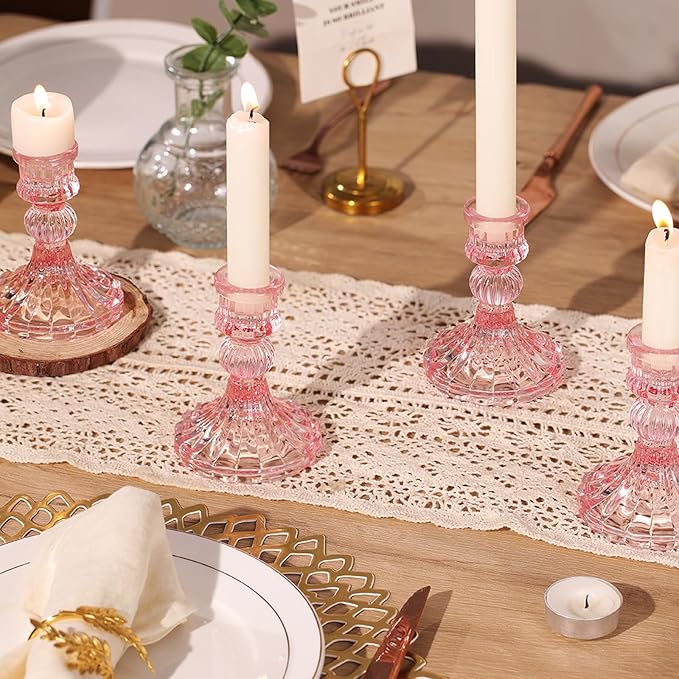 12PCS Pink Candlestick Holders Set- 4" H Taper Candle Holders, Glass Candle Holders Bulk for Wedding, Party, Home Table Centerpieces, Festival Gifts & Windowsill Decor