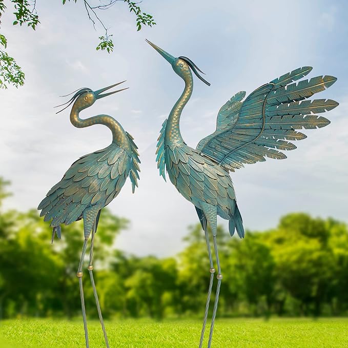 Crane Statues for Outdoor, Metal Heron Garden Statues Bird Yard Art, Standing Sculptures for Yard Lawn Pond Garden Decor, 38-42 Inch Set of 2, Cyan