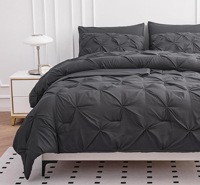 LANE LINEN Twin Comforter Set with Sheets, 5 Piece Twin Bed in a Bag Set, Pintuck Twin Bedding Sets, Ultra Soft Twin Bed Set, Fluffy Comforter, Twin Size Comforter Set with Pillowcases & Shams - Grey